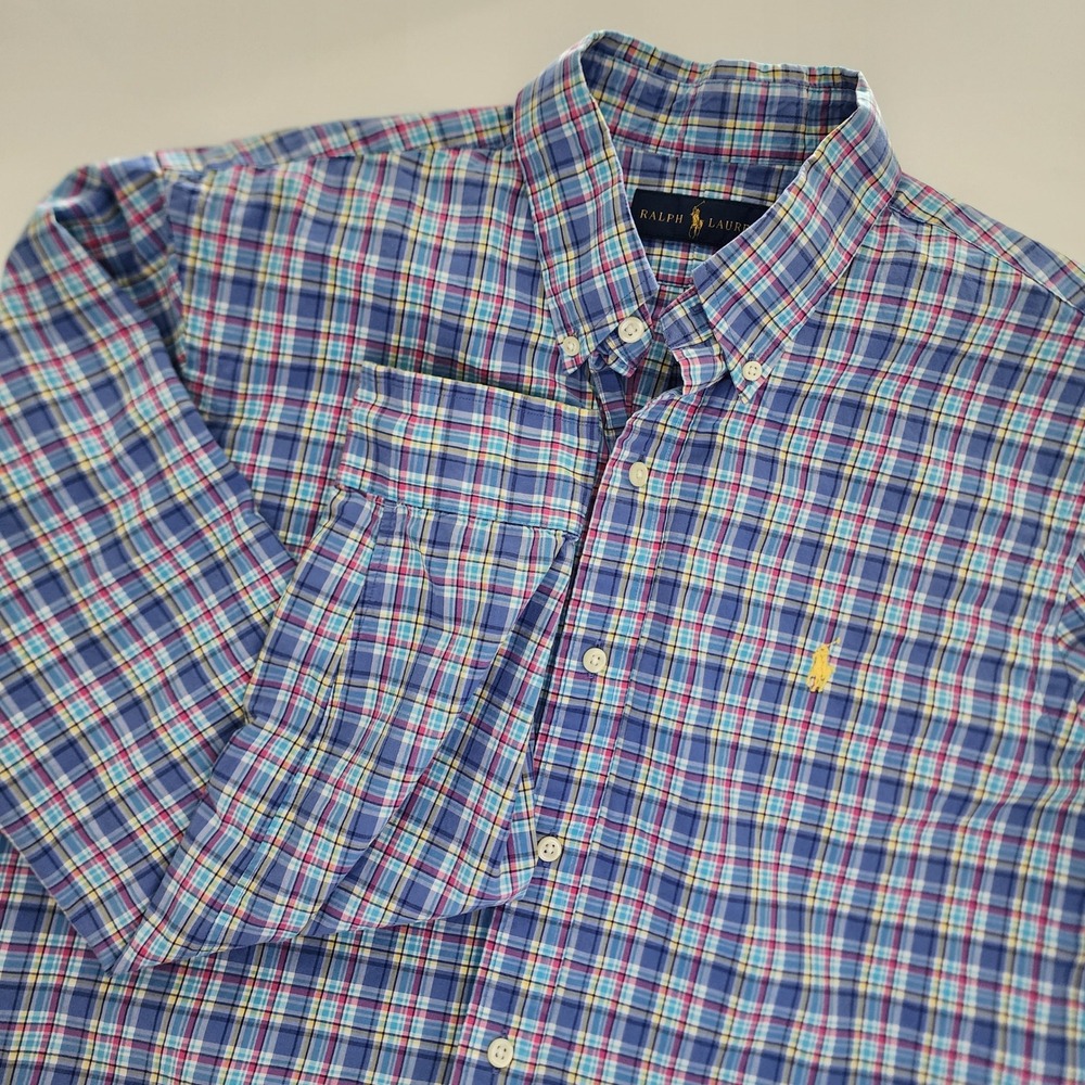 Ralph Lauren blue plaid long sleeve‎ button front shirt mens size M